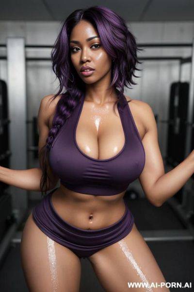 Sexy busty woman in and revealing jogging outfit drenched in sweat and breag heavy. - ai-porn.ai on pornintellect.com