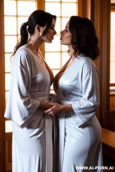 Two middle aged naked women in robes kissing - ai-porn.ai on pornintellect.com