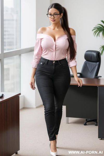 Ultra long hair, ponytail, curvy brunette, mature woman, boss office, nerd glasses, big legs, black platform heels, pink shirt, jeans, open shirt, off shoulder shirt, white bra, slip waist, perfect body, front view walking in office - ai-porn.ai on pornintellect.com