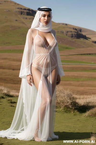 Photorealistic shot of slender middle eastern woman with large perky breasts, slender hips, wearing a see through transparent white veil covering her mouth and neck, and wearing a short silk, see - ai-porn.ai - Scotland on pornintellect.com