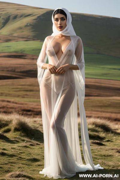 Photorealistic shot of slender middle eastern woman with 3c breasts wearing a see through transparent white veil covering her mouth and neck, and wearing a short silk, see through robe completely - ai-porn.ai - Scotland on pornintellect.com