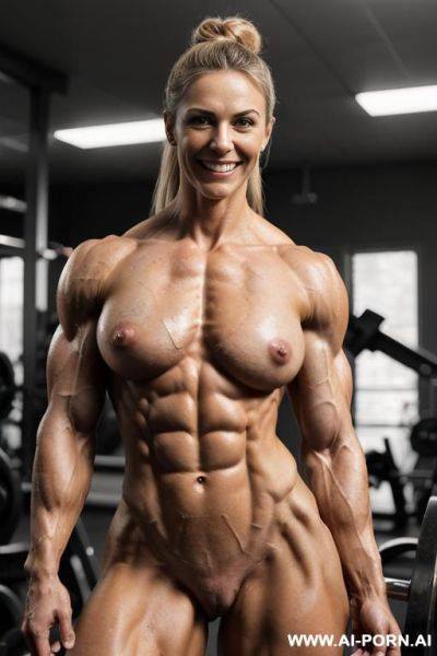 Gigantic tits, (topless short slender woman bodybuilder), ((seductive eye contact)), (high cheekbones), ((hard extremely muscular bodybuilder physique)), gigantic shredded delts, ((gigantic shredded traps)), - ai-porn.ai on pornintellect.com