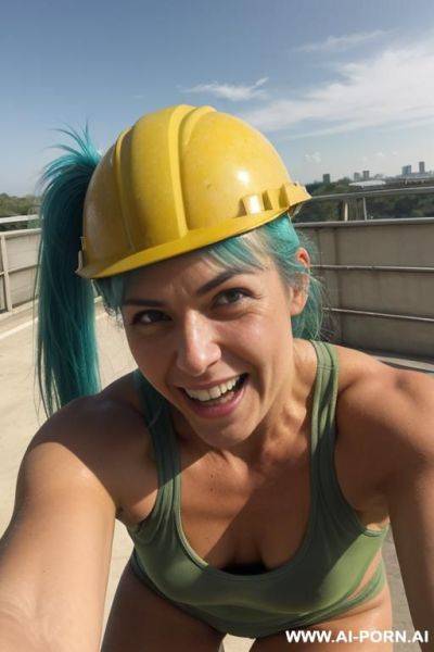 Perfect muscle body, busty, dusty face, dirty hands, dirty green tank top, yellow construction helmet, medical plaster on the bridge of the nose, tanned skin, naked lower part of the body, hairy pussy, front view from below - ai-porn.ai on pornintellect.com