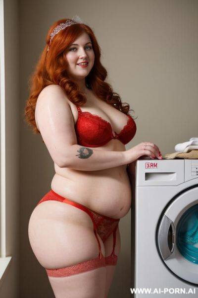 Half-length photo, ((half body photo shot close up)). as a set in the laundry area, a ((very obese)) fat chubby fat thick and bbw redhead british, ((she is washing clothes)). she has - ai-porn.ai - Britain on pornintellect.com