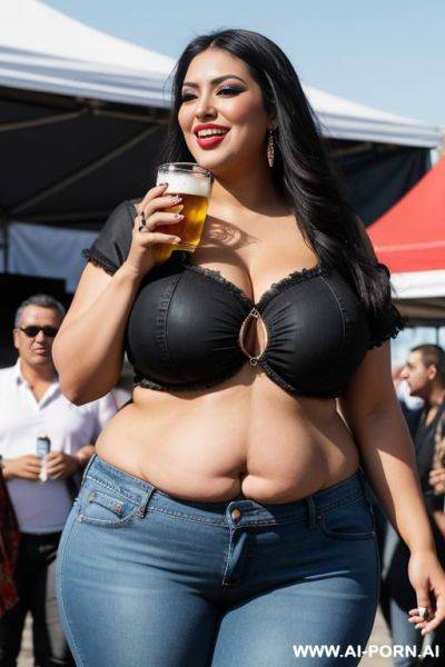 Mexican, supermodel, bimbo, beautiful face, chicana makeup, super plump, high rise jeans, festival, holding beer, tight black band shirt, extra wide hips - ai-porn.ai - Mexico on pornintellect.com