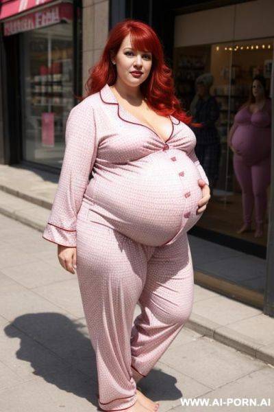 ((super fat bbw obese big bloated huge pregnant belly)), in plaid pink pajamas, thick thighs, big belly, button show, flash belly, - ai-porn.ai on pornintellect.com