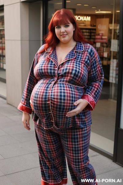 ((super fat bbw obese big bloated huge pregnant belly)), with plaid plaid pajamas, thick thighs, big belly, button show, flash belly, - ai-porn.ai on pornintellect.com