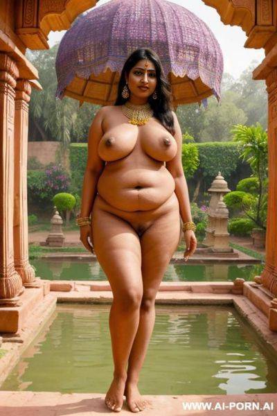 Ancient indian full naked chubby female servant with shaved vagina is brought to orgasm by a indian queen in a colourful ancient indian garden - ai-porn.ai - India on pornintellect.com