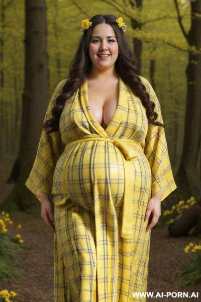 ((two woman super fat bbw obese big bloated huge pregnant belly)) ya with dark brown hair, big expressive eyes, full body, standing, smiling and showing her teeth, happy, plaid yellow dress, flash belly - ai-porn.ai on pornintellect.com