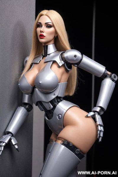 Robot, front view, full body view, leaning back against wall, looking at viewer, angry face, open mouth, shouting, beautiful, long straight blonde hair, big lips, wide jaw, heavy makeup, silicone - ai-porn.ai on pornintellect.com