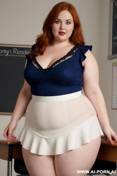 Close up full body photo shot, about at classroom, chubby ((very obese)) redhead fat bbw curvy teacher, wearing a sexy and hot micro ruffle leather skirt, and elegant top, teaching to the classroom. ((dynamic angle)), perfect face - ai-porn.ai on pornintellect.com