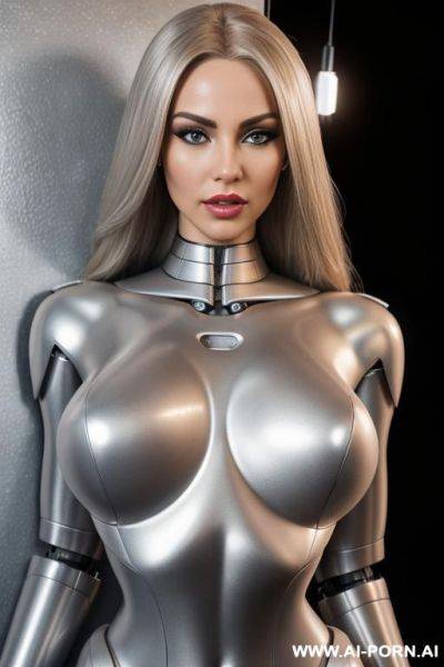 Robotic super woman, front view, full body view, leaning back against wall, looking at viewer, angry face, beautiful, long straight blonde hair, big lips, heavy makeup, (silver fully robotic body, - ai-porn.ai on pornintellect.com