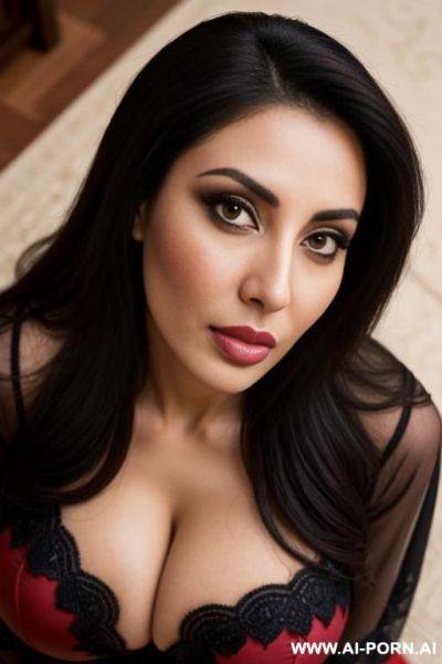 Hot middle eastern model wife, deep cleavage, kneeling down, looking up, closeup from above - ai-porn.ai on pornintellect.com