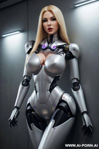 Robotic superheroine, front view, full body view, leaning back against wall, looking at viewer, angry face, open mouth, shouting, beautiful, long straight blonde hair, big lips, wide jaw, heavy - ai-porn.ai on pornintellect.com