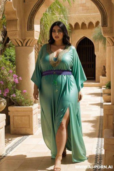 A chubby ancient arabian princess in a green kaftan and a devote chubby full naked female servant with shaved vagina are walking through a colourful arabian garden - ai-porn.ai on pornintellect.com