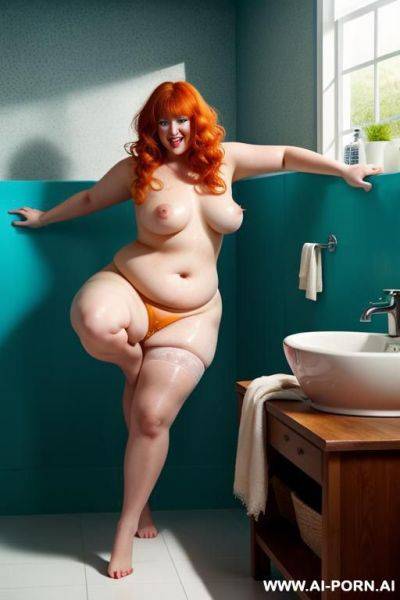 Half-length photo, as a setting in the laundry area, a fat chubby fat thick and bbw redhead british, she is washing clothes and is soaked in foamy water. she has lovehandless and a soft - ai-porn.ai - Britain on pornintellect.com