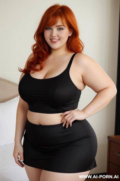 Redhead bbw, chubby and very fat, thick, breasts, dimples, voluptuous shaped, wide hips, thick thighs, chubby, hair, s, slicked back hair, large forehead, black tank top, bra, areola, ruffle microskirt, fully clothed, city - ai-porn.ai on pornintellect.com