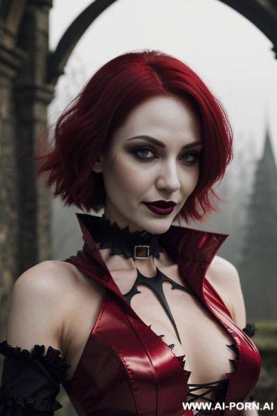 Confident lady vampire, sharpening her twin wrists-blades swords, vampire big teeth, seducing wide smile, silver blades, deep forests old ruins, (glow art), magic eyes, naked shoulders, ashen skin - ai-porn.ai on pornintellect.com