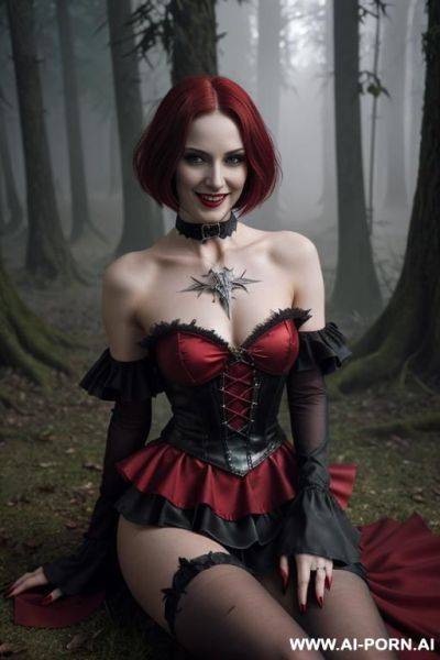 Lady vampire, sharpening her twin wrists-blades swords, vampire big teeth, seducing wide smile, silver blades, deep forests old ruins, glow art, magic eyes, naked shoulders, ashen skin - ai-porn.ai on pornintellect.com