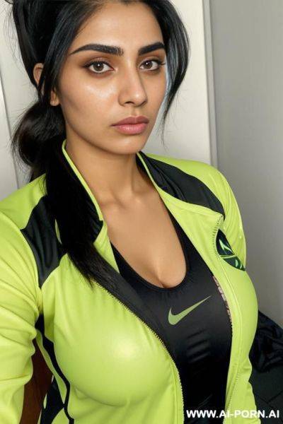 Pakistani, huge perfectly shaped oval tits, sports outfit and sports jacket, drowsy facial expression - ai-porn.ai - Pakistan on pornintellect.com