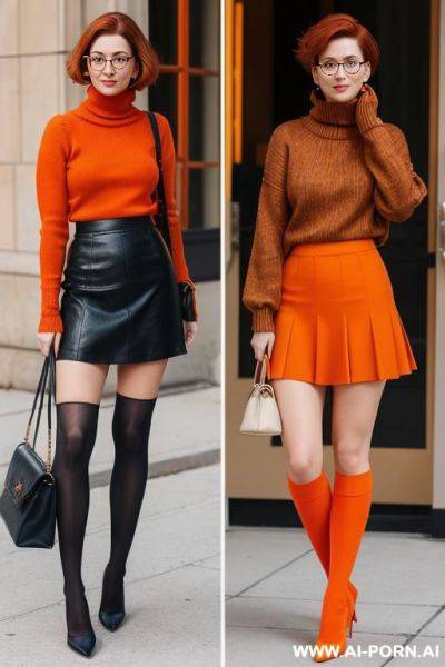 3 woman, short auburn hair in a bob cut, square-rimmed glasses, round face with s, caucasian woman, orange turtleneck sweater, red skirt, knee-high orange socks, long high-heels, full body view, wide shot - ai-porn.ai on pornintellect.com