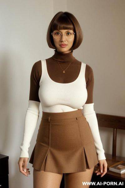 Glasses, red skirt, orange top, white woman - ai-porn.ai on pornintellect.com