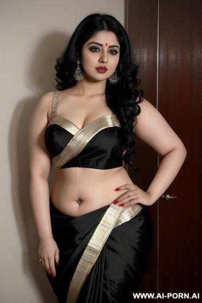 Pale skin, cute, beautiful, indian woman, navel piercing, chubby, saree - ai-porn.ai - India on pornintellect.com