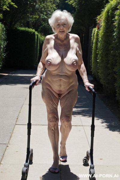 The totally naked elderly woman leans on the walker with both hands, walking slowly and cautiously, looking ahead. saggy boobs. full body frontal wiew. - ai-porn.ai on pornintellect.com