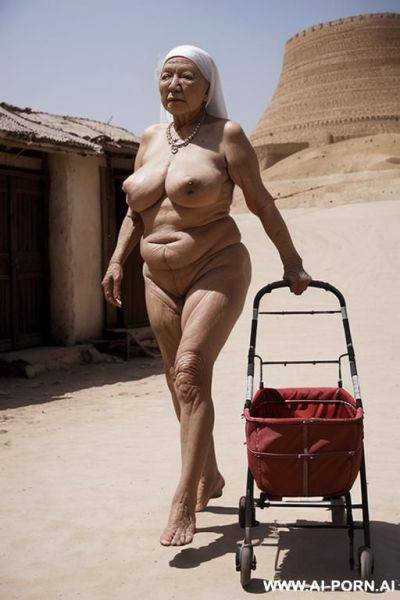 The totally naked elderly uzbek woman leans on the walker with both hands, walking slowly and cautiously, looking ahead. saggy boobs. full body frontal wiew. - ai-porn.ai - Uzbekistan on pornintellect.com