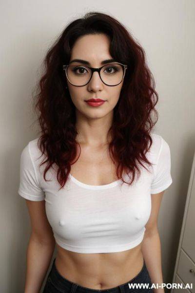 White skin , beautiful, mexican woman, round glasses, navel piercing, t shirt, naked, short hair - ai-porn.ai - Mexico on pornintellect.com