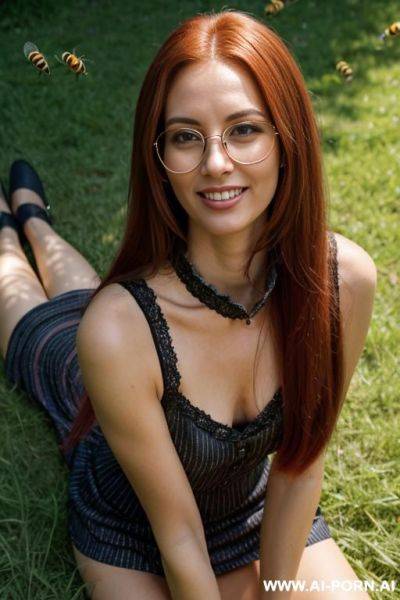 (horizontal stripes, bee themed clothes), dimples, (glow art, uv reactive, black light), ashen natural skin without makeup, high contrast shades, hard light, sleeveless, detailed textures, collar, tight - ai-porn.ai on pornintellect.com