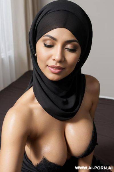 A arab ((hijjab)) mother naked, show pussy, show tits, glamour make up, in bedroom, spread legs, gigantic massive heavy saggy hanging oversized boobs, eyes closed, ecstatic orgasmic expression - ai-porn.ai on pornintellect.com