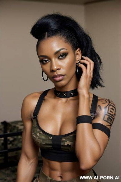 A naked dark-skinned muscular woman with short white hair, sprayed with white liquid in a collar, lies in tears with a lost look in full growth, being watched, black lipstick, toples, the inscription on the face whore, fishnet clothes, k - ai-porn.ai on pornintellect.com