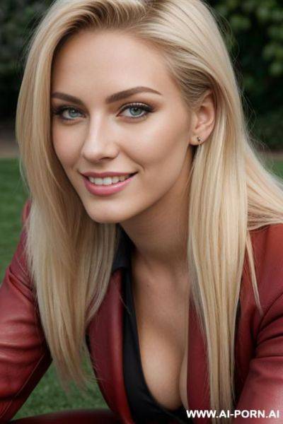 Perfect figure, in a garden, looking into the camera, extreme close up view, head titled back, red leather blazer, leather pants, long hair, long sleeves - ai-porn.ai on pornintellect.com