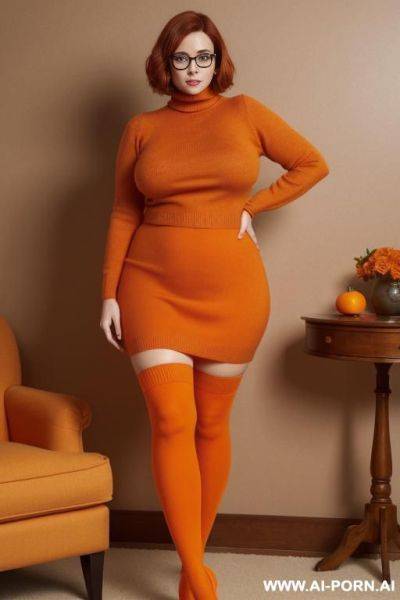 Short auburn hair in a bob cut, square-rimmed glasses, round face with s, caucasian woman, orange turtleneck sweater, short red-orange skirt, knee-high orange socks, long high-heels, full body view, wide shot - ai-porn.ai on pornintellect.com