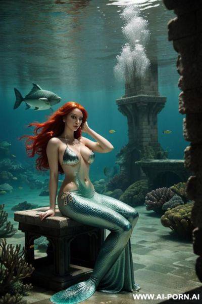 Mermaid with light red hair. wearing a crisscross, metallic dark green, sheer, fish scale bikini revealing cleavage and nipple, nip slip. underwater, sunken castle throne room. - ai-porn.ai on pornintellect.com