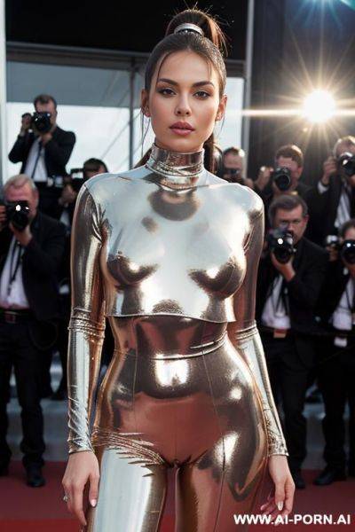 (((realistic look, ultra-realistic))), ((shiny naked oiled legs)), wears turtleneck, (((nude thick thighs))), ((front low angle view)), (((wide inner gap between thighs))) , best quality, ultra-detailed, - ai-porn.ai on pornintellect.com