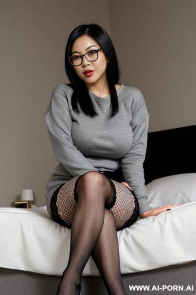 Sweet asian woman with large natural tits, gray long-sleeved oversized sweatshirt, black fishnet stockings, black high heels, round-rimmed glasses. she sits on the bed with her legs crossed. she tries to touch her mouth with one hand. - ai-porn.ai on pornintellect.com