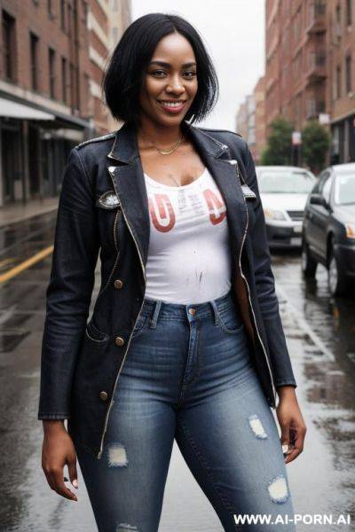 Blazer, jeans and sneakers.very wet and oil soaked clothes. hole by jeans zipper. - ai-porn.ai on pornintellect.com