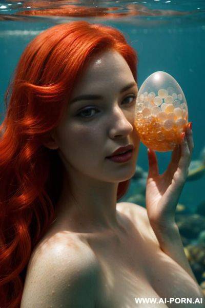 Close up of mermaid with light red hair. holding cluster of transparent red aquatic animal eggs. - ai-porn.ai on pornintellect.com