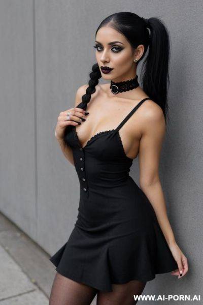 Goth, black painted nails, black lipstick, makeup, black mascara, tanned skin, black dress, white collar, black tights, simple black shoes - ai-porn.ai on pornintellect.com