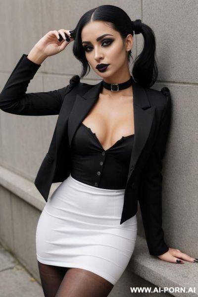 Goth, black painted nails, black lipstick, makeup, black mascara, tanned skin, black dress, white collar, black tights, black suit jacket, simple black shoes - ai-porn.ai on pornintellect.com