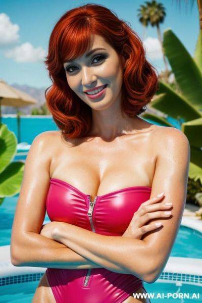 Ing busty woman in zip down swimsuit at the pool - ai-porn.ai on pornintellect.com