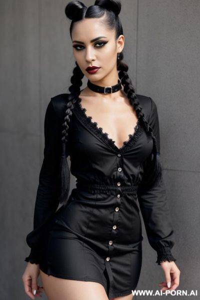 Goth, braided tails, black painted nails, black mascara, skin, dress with long sleeves and a button down front, covering the chest and neck, closed collar - ai-porn.ai on pornintellect.com
