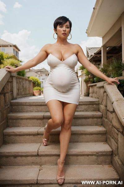 (((full body shot))), hoop earings, (stylish pixie haircut), (most beautiful women ever), (sexy milf), photorealistic image of an alluring sitting relaxed on stone stairs, showing pussy, (legs apart), - ai-porn.ai on pornintellect.com