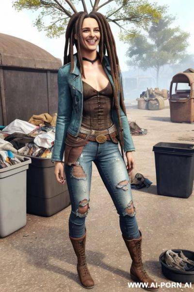 A woman with dreadlocks is wearing worn and bleached out, ripped and light blue pants and an old jeans jacket. she has long, messy brown hair. there ist lot of trash around. - ai-porn.ai on pornintellect.com