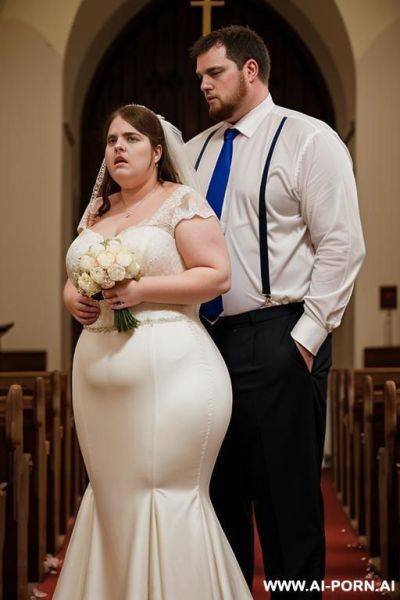 20 year old english obese wife wearing wedding dress at church, is very angry and lifting up her skirt to show the crowd her hairy pussy. (((husband stands ashamed in the background))) - ai-porn.ai - Britain on pornintellect.com
