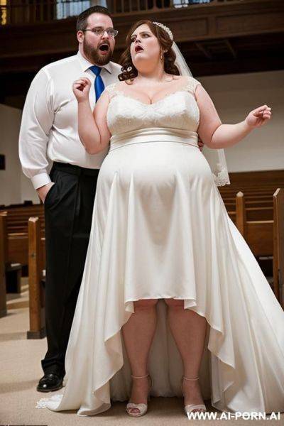 Obese wife wearing wedding dress at church, is very angry and lifting up her skirt to show the crowd her hairy pussy. (((husband stands ashamed in the background))) - ai-porn.ai on pornintellect.com