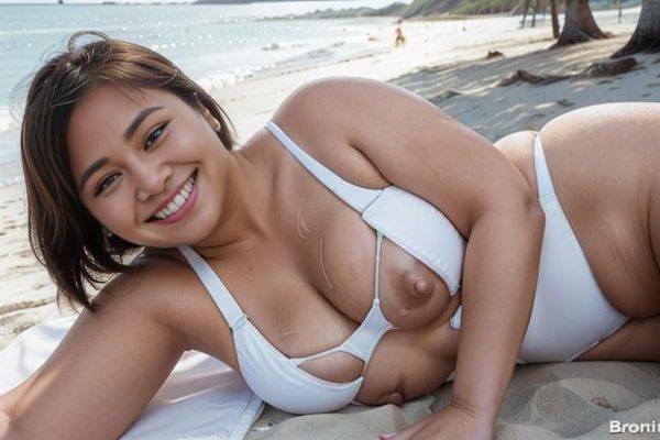 Chubby filipina lying on side wearing a white bikini, looking at viewer, ((arm support)) - ai-porn.ai on pornintellect.com