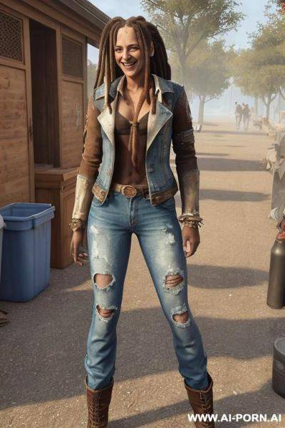 A woman with dreadlocks is wearing worn and bleached out, ripped and light blue pants and an old jeans jacket. she has long, messy brown hair. there ist lot of trash around. - ai-porn.ai on pornintellect.com
